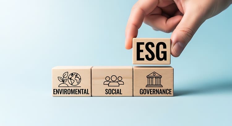 Vier Holzwürfel mit Aufschrift Environmental, Social, Governance und ESG