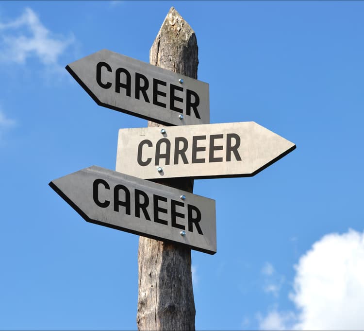 Drei Wegweiser mit dem Schriftzug 'CAREER' an einem Holzpfahl vor blauem Himmel mit Wolken
