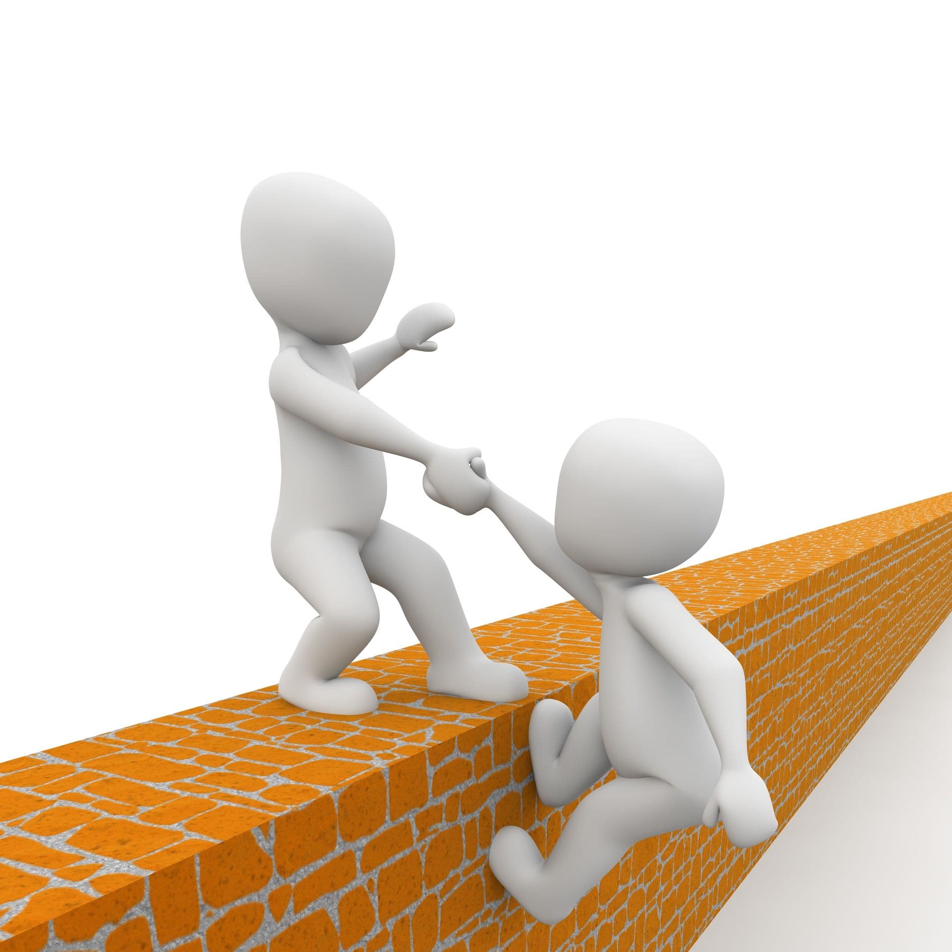 Zwei weiße, stilisierte Figuren auf einem langen, orangefarbenen Ziegelmauerabschnitt, eine hilft der anderen beim Hochziehen