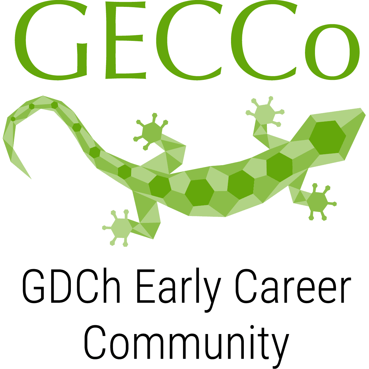 Oben steht der Schriftzug 'GECCo' in grüner Farbe. Darunter ist eine stilisierte, grüne Echse abgebildet, deren Körper aus unterschiedlich großen, sechseckigen Flächen zusammengesetzt ist. Die Echse ist nach rechts ausgerichtet und hebt sich deutlich vom weißen Hintergrund ab. Darunter steht GDCh Early Career Community.