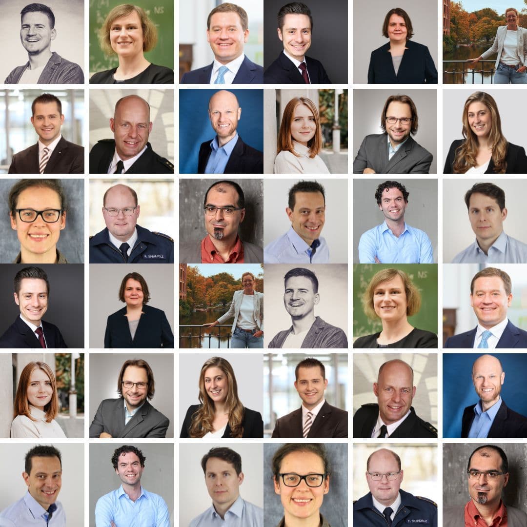 Porträts verschiedener Personen in beruflicher Kleidung, darunter Anzüge, Blusen und Hemden, in einem Raster angeordnet.