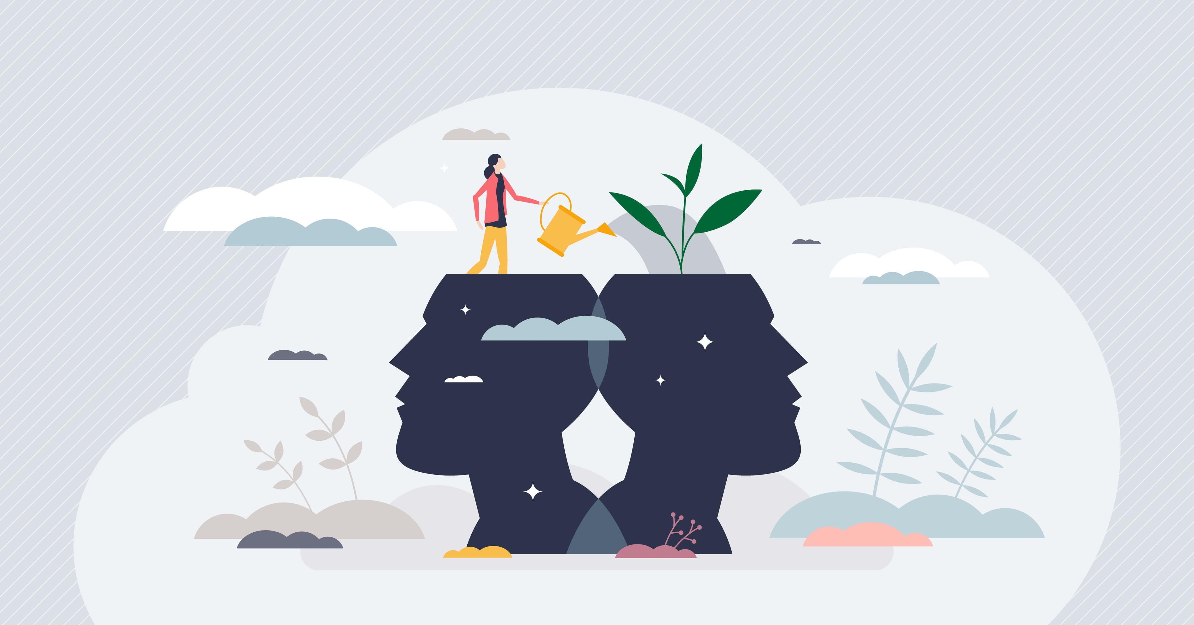 Illustration zweier menschlicher Köpfe in Seitenansicht, die als Pflanzgefäße dienen, wobei eine Person eine Pflanze gießt