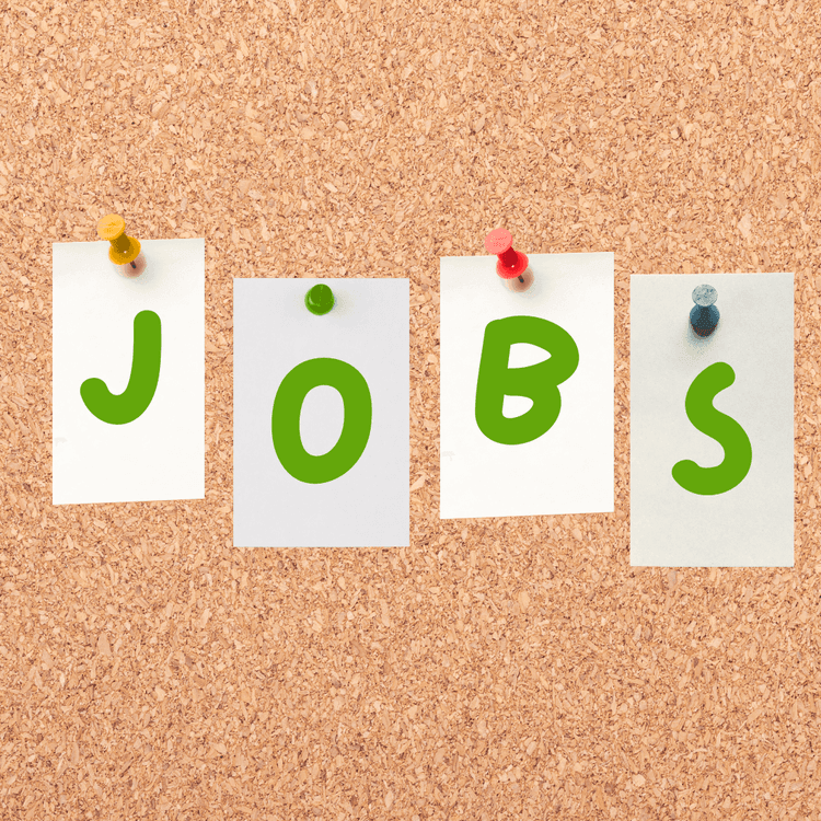Vier weiße Zettel mit grünen Buchstaben J, O, B, S an einer Korkwand befestigt