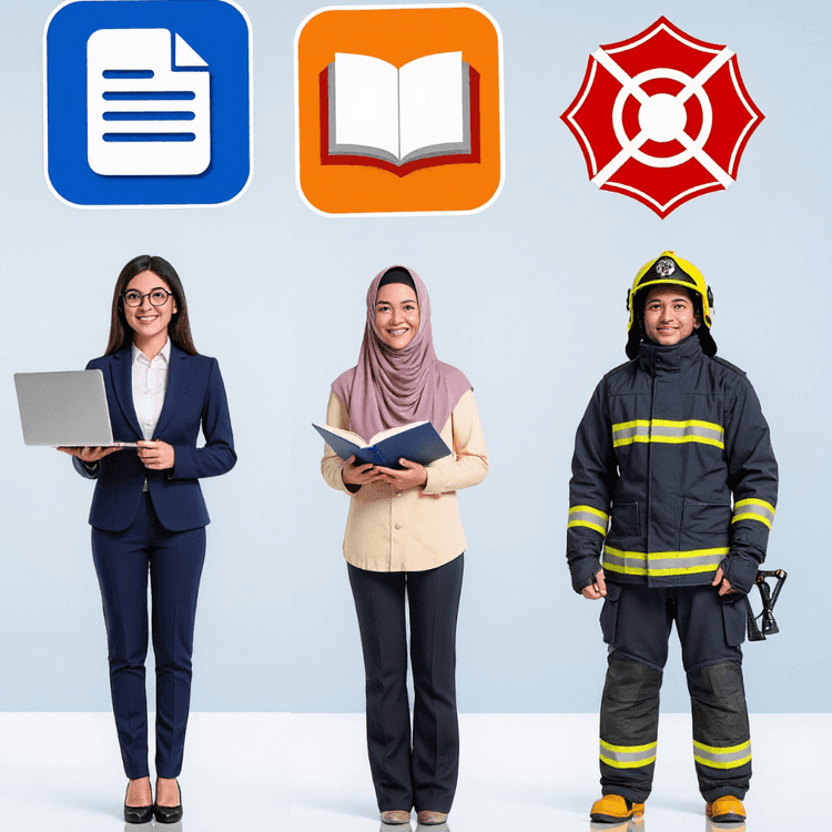Drei Personen in unterschiedlichen Berufskleidungen: eine Frau im dunkelblauen Anzug mit Laptop, eine Frau mit Kopftuch und Buch, ein Feuerwehrmann in Schutzkleidung mit Helm und Handschuhen, jeweils mit einem Symbol über dem Kopf (Dokument, Buch, Feuerwehr-Emblem).
