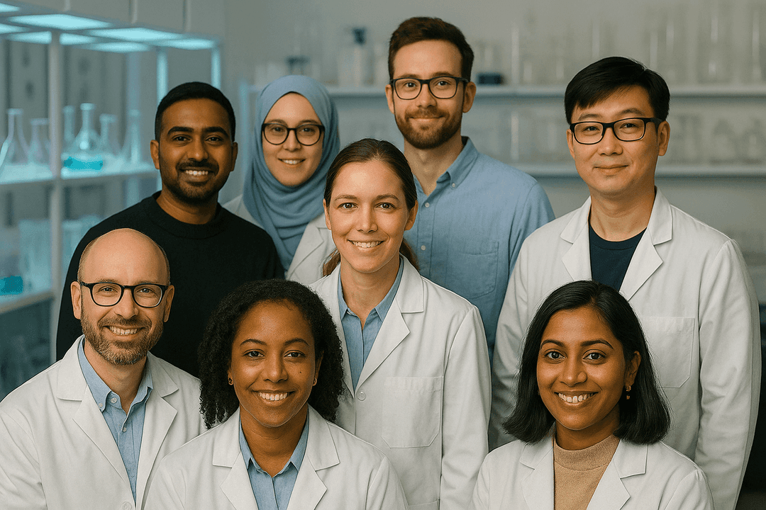 A diverse group of chemists in labcoats