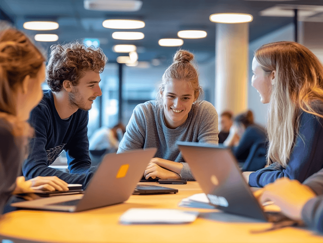 Vier junge Menschen sitzen an einem Tisch in einem modernen Innenraum und arbeiten mit Laptops und Notizbüchern zusammen
