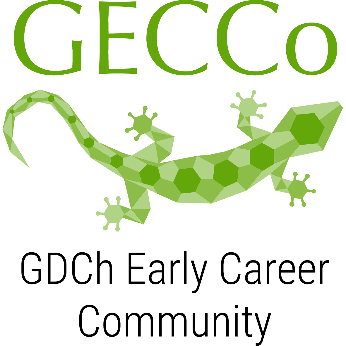 Oben steht der Schriftzug 'GECCo' in grüner Farbe. Darunter ist eine stilisierte, grüne Echse abgebildet, deren Körper aus unterschiedlich großen, sechseckigen Flächen zusammengesetzt ist. Die Echse ist nach rechts ausgerichtet und hebt sich deutlich vom weißen Hintergrund ab. Darunter steht GDCh Early Career Community.
